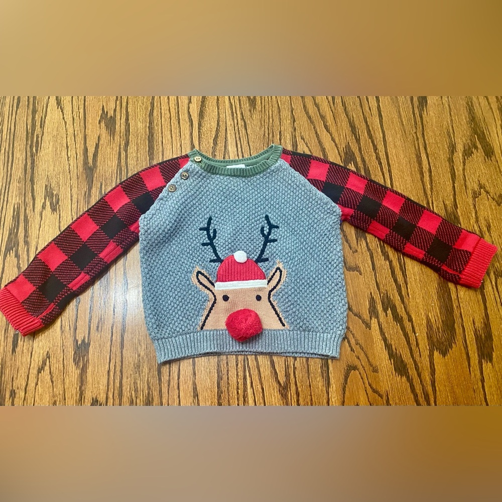 Mud Pie Blue Gray Reindeer Sweater with Red Buffalo Plaid Sleeves